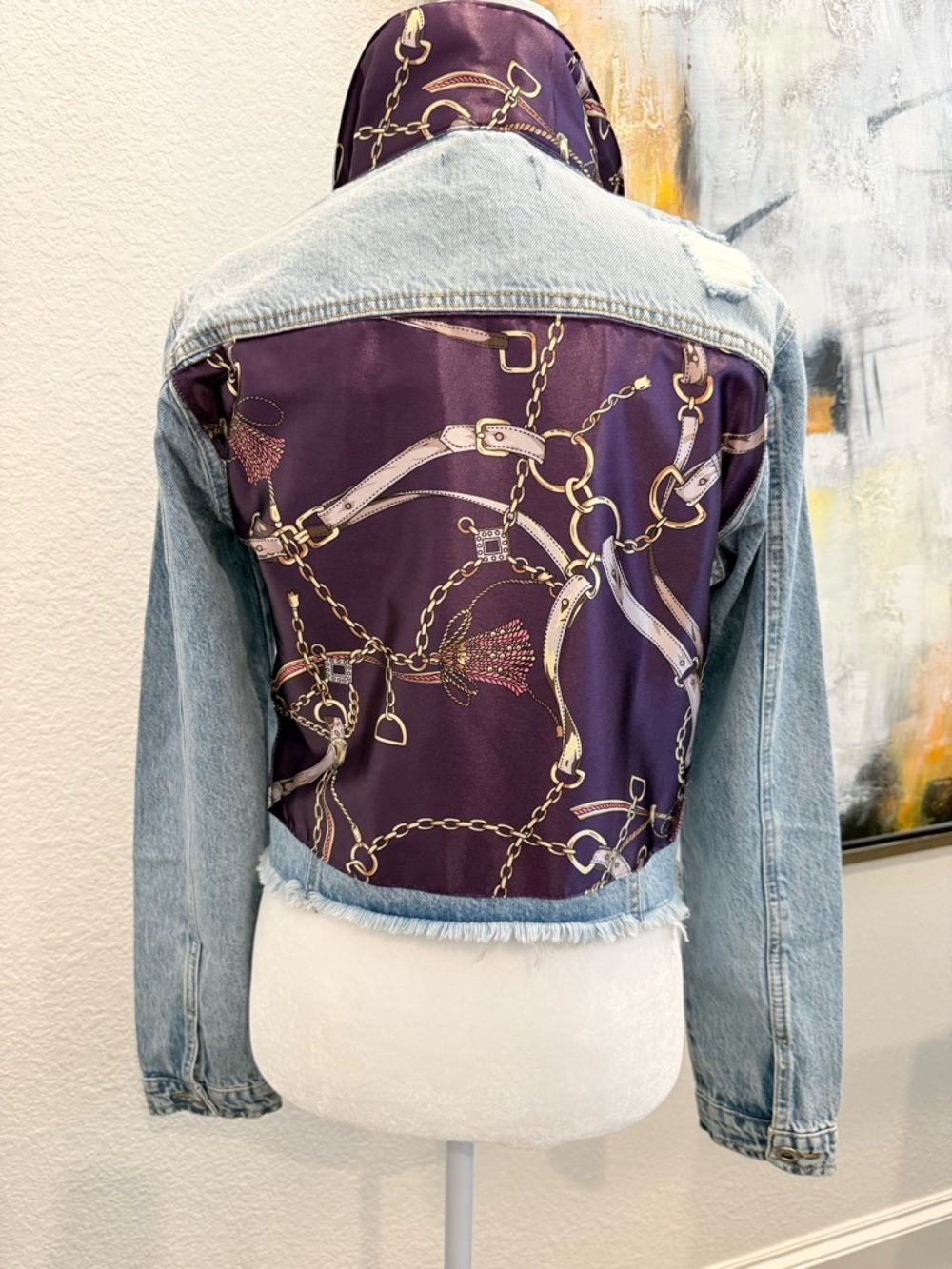 Light Wash Denim Jacket with Purple Chain-Print Back Panel, Medium NWT - Picture 3 of 6